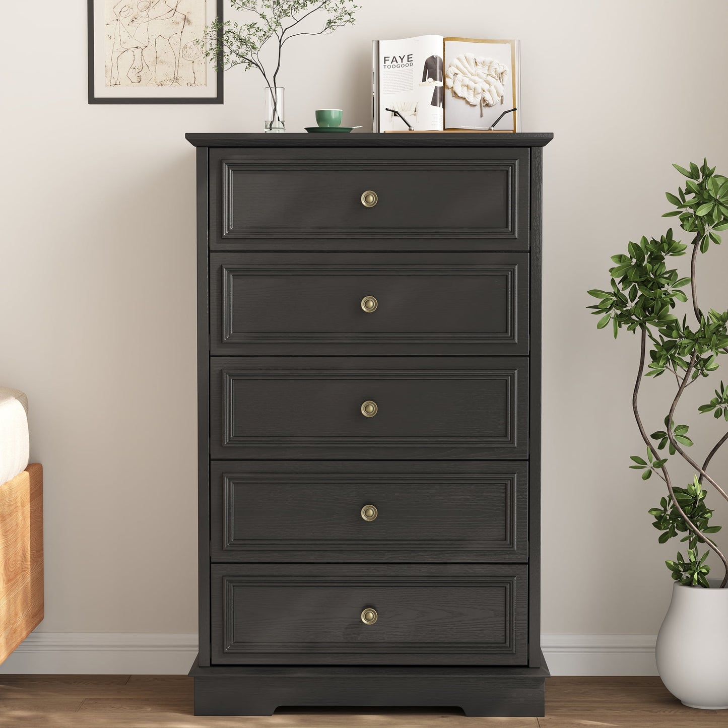 5 Drawer Dresser, Chest of Drawers for Bedroom, Modern Storage Cabinet Dresser Organizer Unit with Antique Bronze Round Handles for Living Room, Closet, Hallway, Entryway