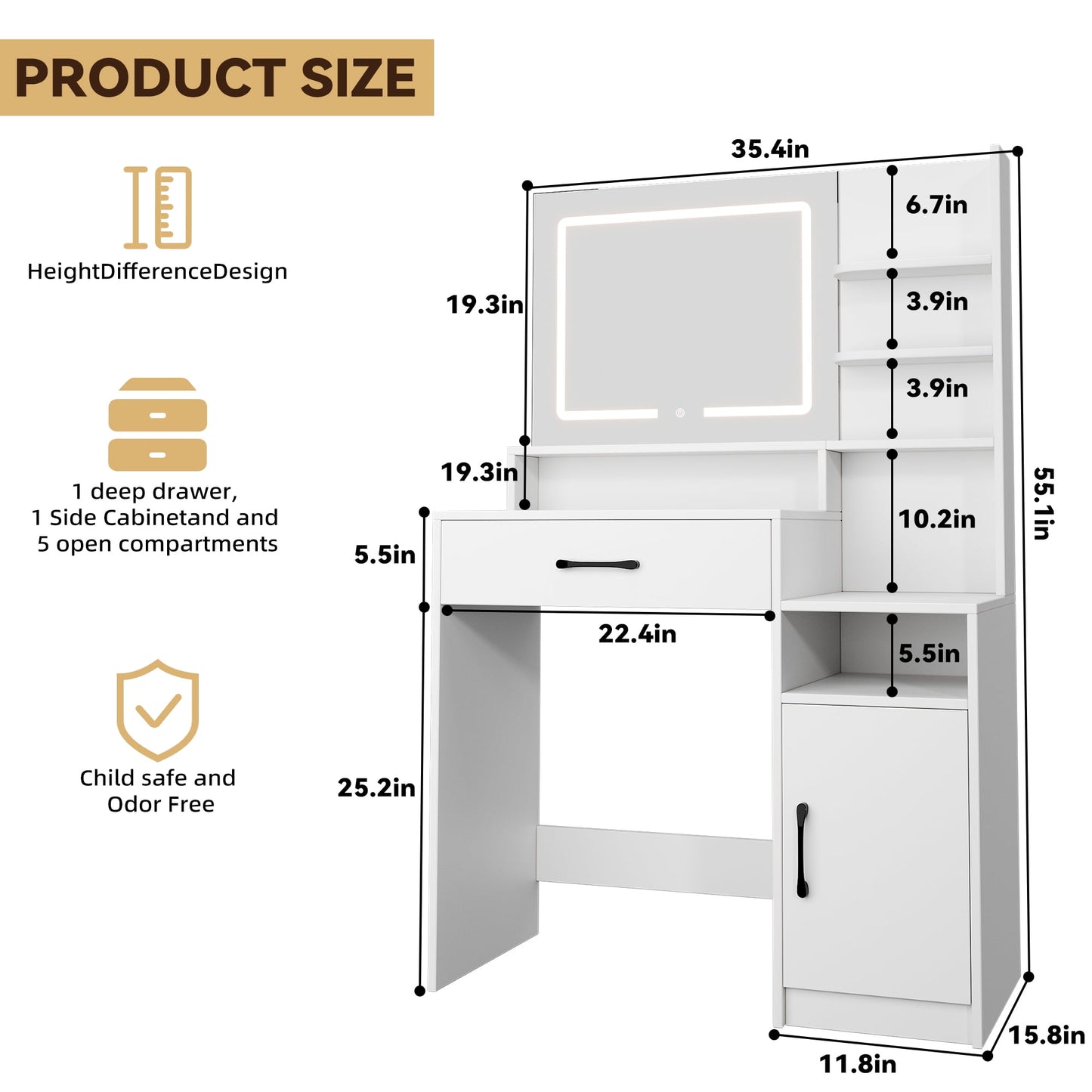NEGYLIM Makeup Vanity Desk with LED Lights - 3 Color Adjustable, Large Storage Cabinet & Drawers, White Modern Vanity Table with Shelves for Bedroom
