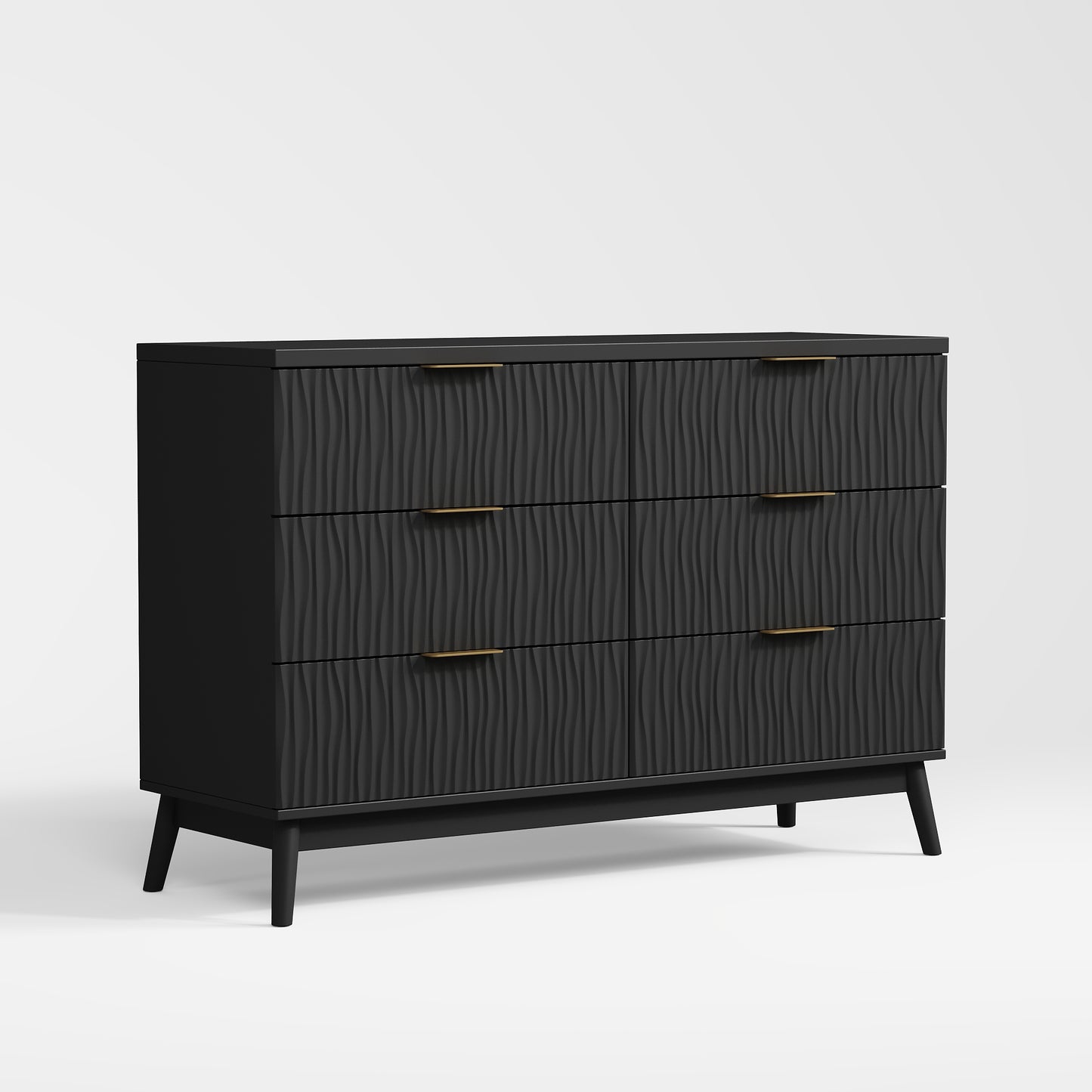 Dresser for Bedroom, Stereoscopic Ripple 47.2" Wide Chest of Drawers with Gold Pulls and 6 Drawers, 15.6" D x 47.2" W x 31.5" H, Black