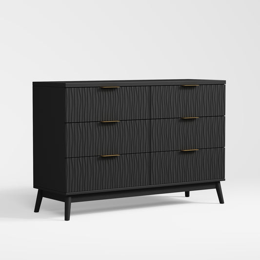 Dresser for Bedroom, Stereoscopic Ripple 47.2" Wide Chest of Drawers with Gold Pulls and 6 Drawers, 15.6" D x 47.2" W x 31.5" H, Black
