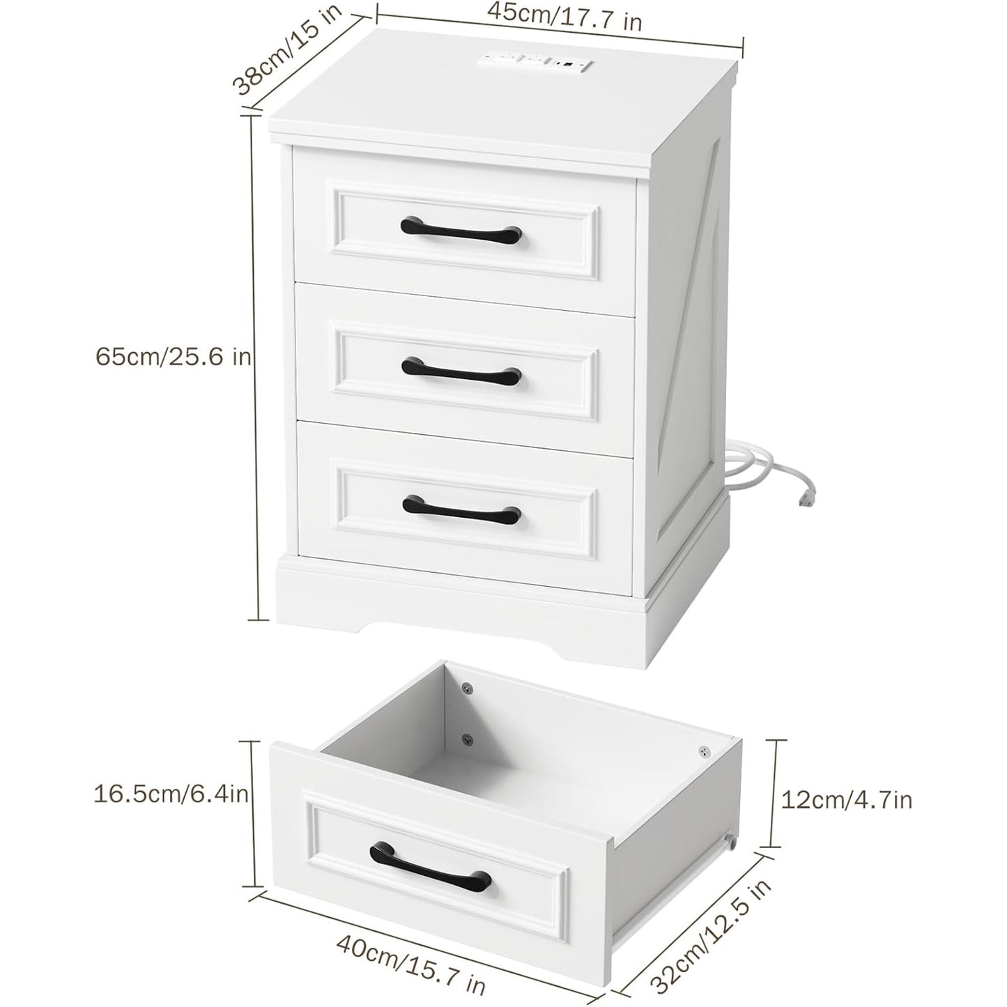 NEGYLIM 2-Piece Nightstand, Farmhouse End Table with Charging Station, 3 Drawers Storage for Bedroom