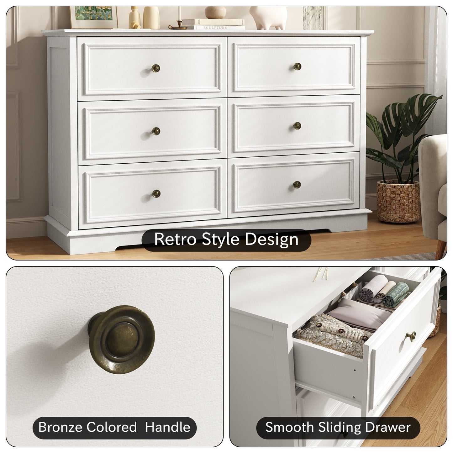 6 Drawer Chest of Drawers, Modern Storage Cabinet Dresser Organizer Unit with Antique Bronze Round Handles for Living Room, Closet, Hallway, Entryway，White