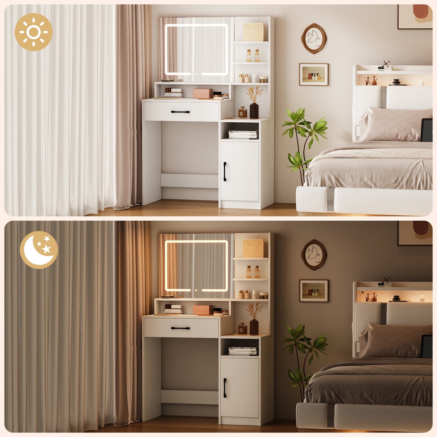 NEGYLIM Makeup Vanity Desk with LED Lights - 3 Color Adjustable, Large Storage Cabinet & Drawers, White Modern Vanity Table with Shelves for Bedroom