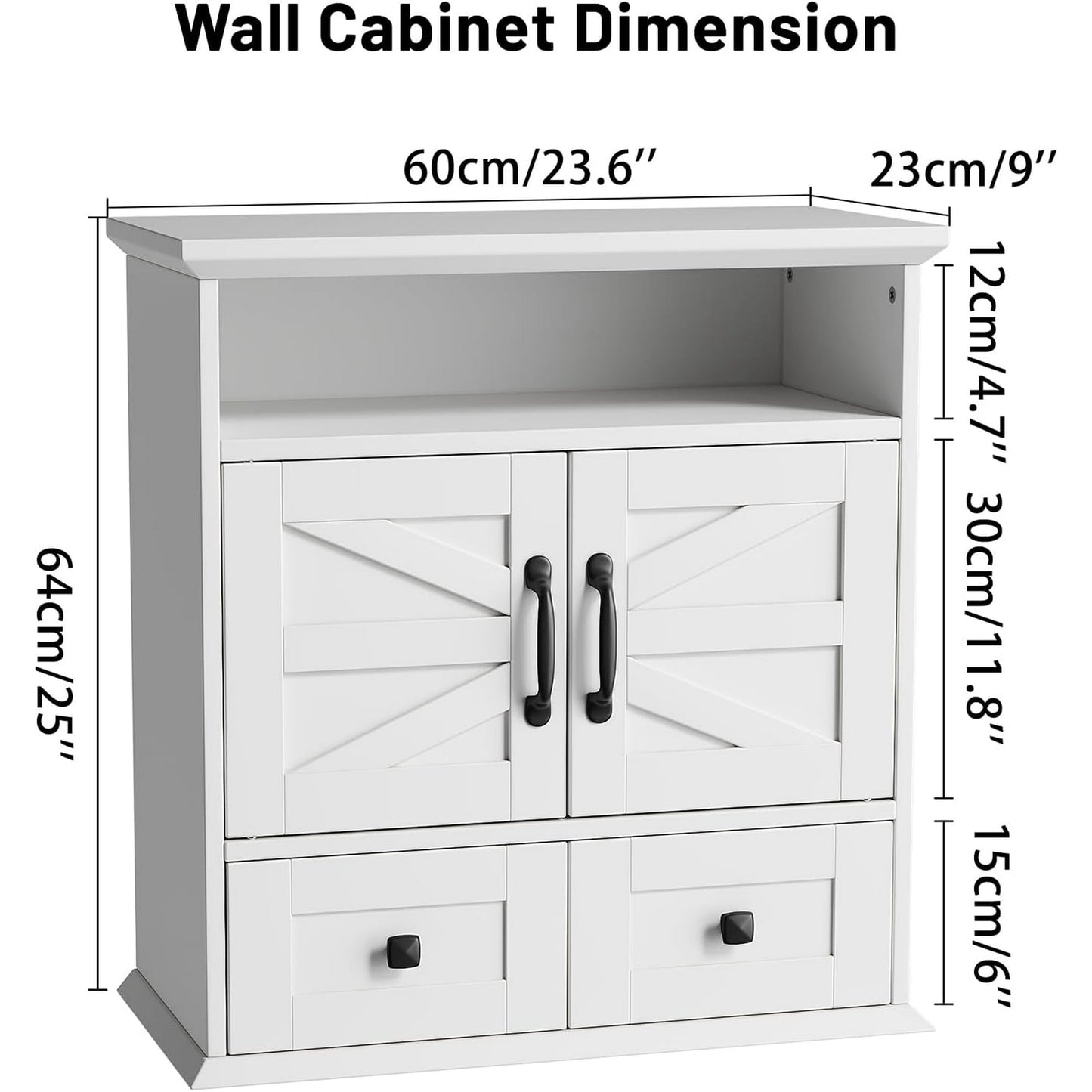 NEGYLIM Wall-Mounted Bathroom Cabinet with Barn Doors, Adjustable Shelf, 2 Drawers, Rustic Modern Style Storage Organizer for Toilet, Bathroom, Laundry Room, White