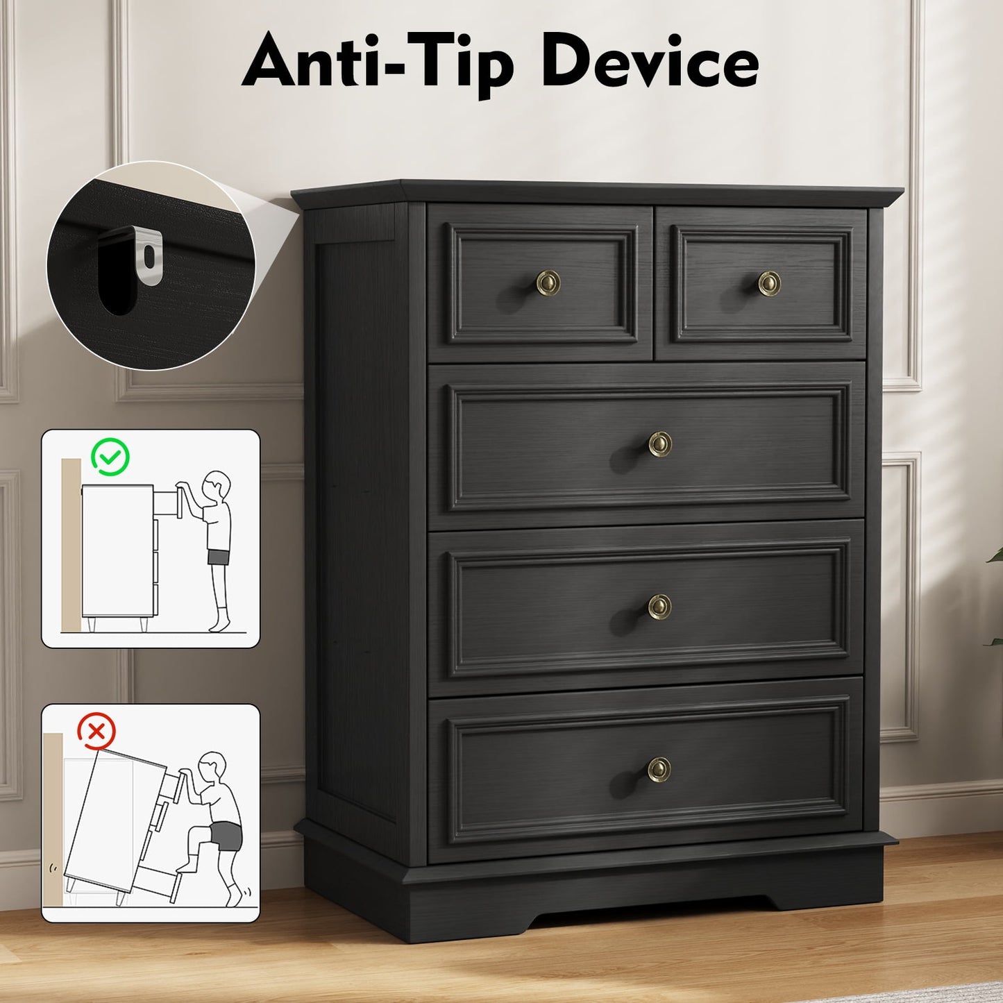 5 Drawer Dresser,Rustic-Style Chest of Drawers, Wood Storage Cabinet Dresser Organizer Unit with Antique Bronze Round Handles for Living Room, Closet, Hallway, Entryway