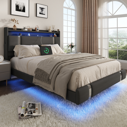 NEGYLIM Floating Bed Frame Full Size with LED Lights,Easy to Assemble, Metal Platform Bed with Storage Headboard, No Box Spring Needed, Black