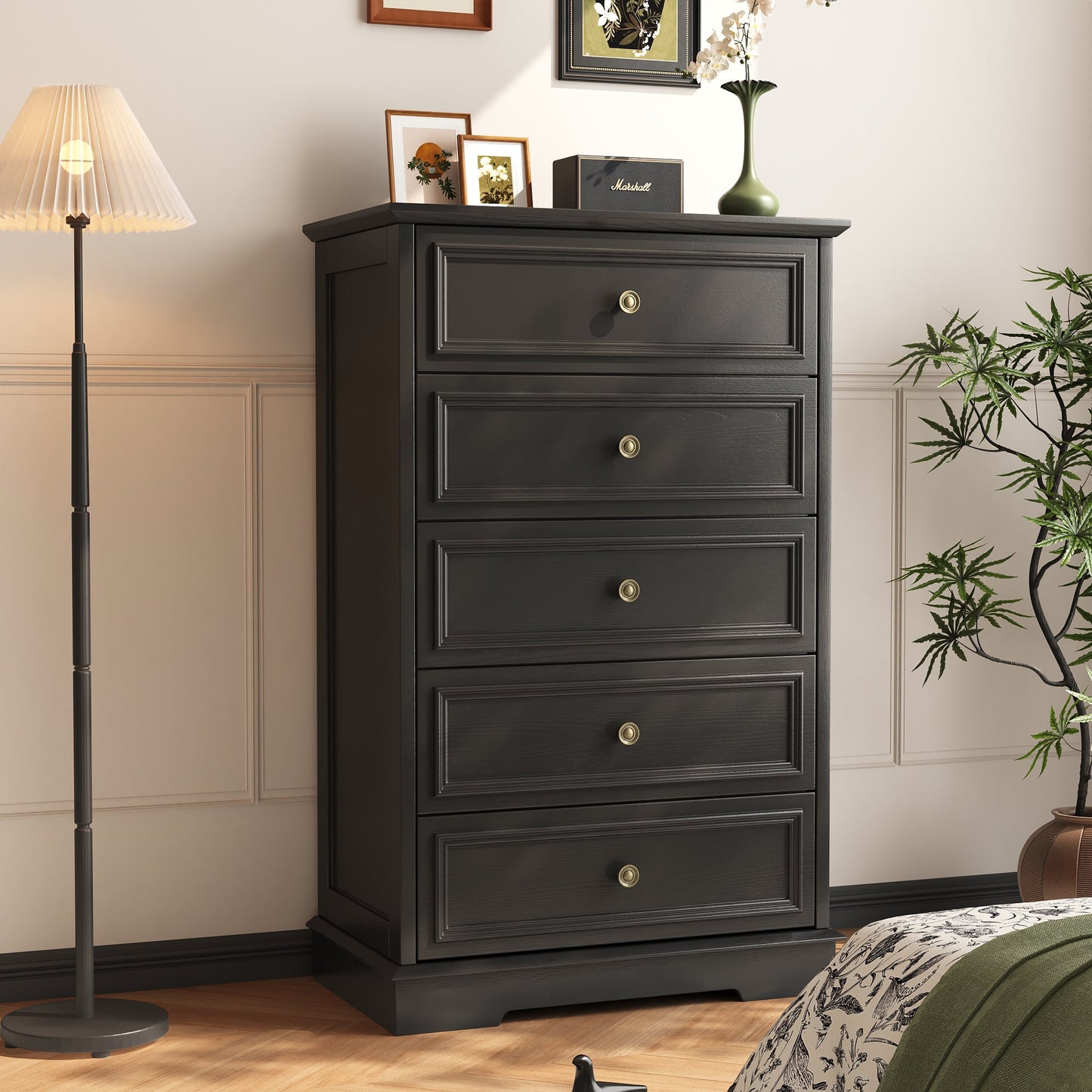 5 Drawer Dresser, Chest of Drawers for Bedroom, Modern Storage Cabinet Dresser Organizer Unit with Antique Bronze Round Handles for Living Room, Closet, Hallway, Entryway