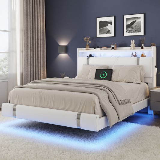 NEGYLIM Floating Bed Frame Full Size with LED Lights, Easy to Assemble, Metal Platform Bed with Storage Headboard, No Box Spring Needed, White