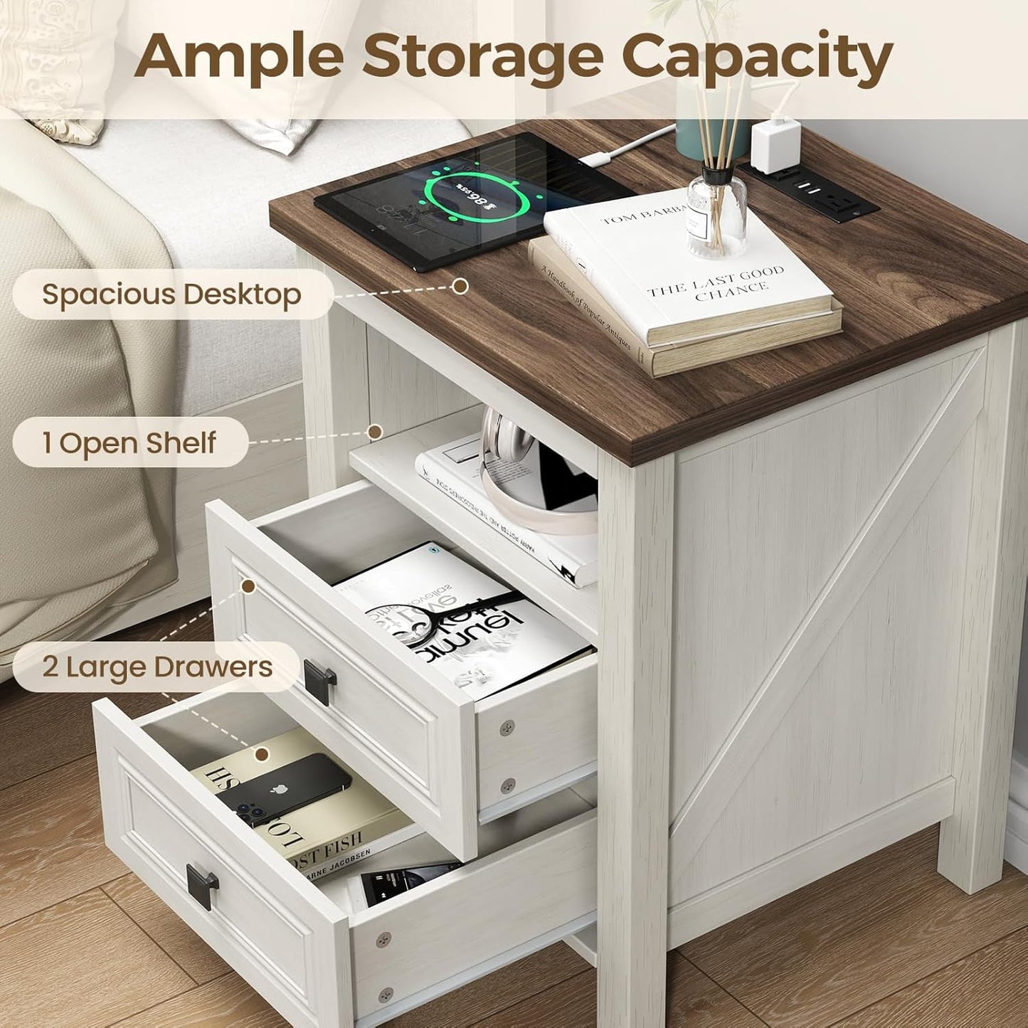 2-Piece Nightstand with Drawers for Bedroom, Farmhouse End Table with Charging Station, 2 Drawers Storage for Bedroom, White