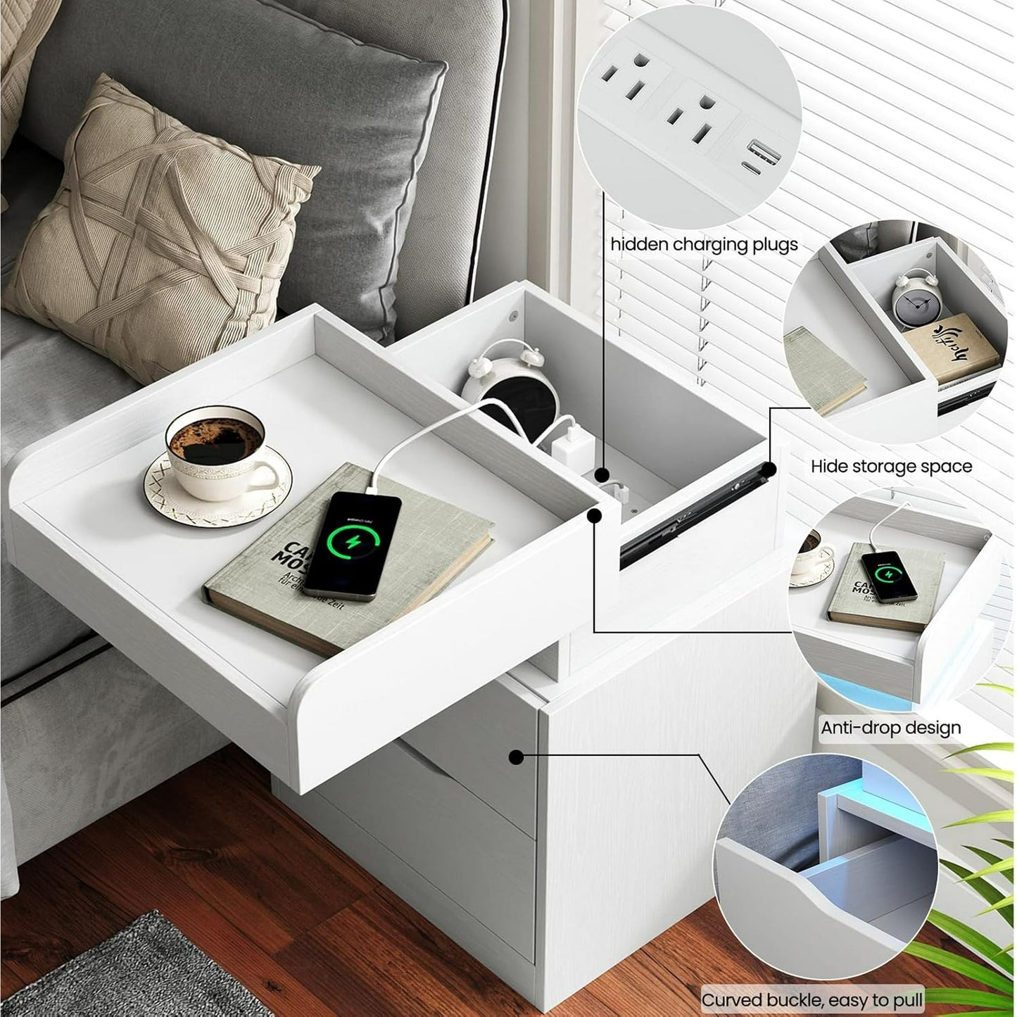 NEGYLIM 2-Piece Bedside Tables with Charging Station & LED Lights, Side Tables with 2 Wooden Drawers & a Sliding Top, Modern Style, Suitable for Bedroom, Living Room, Office