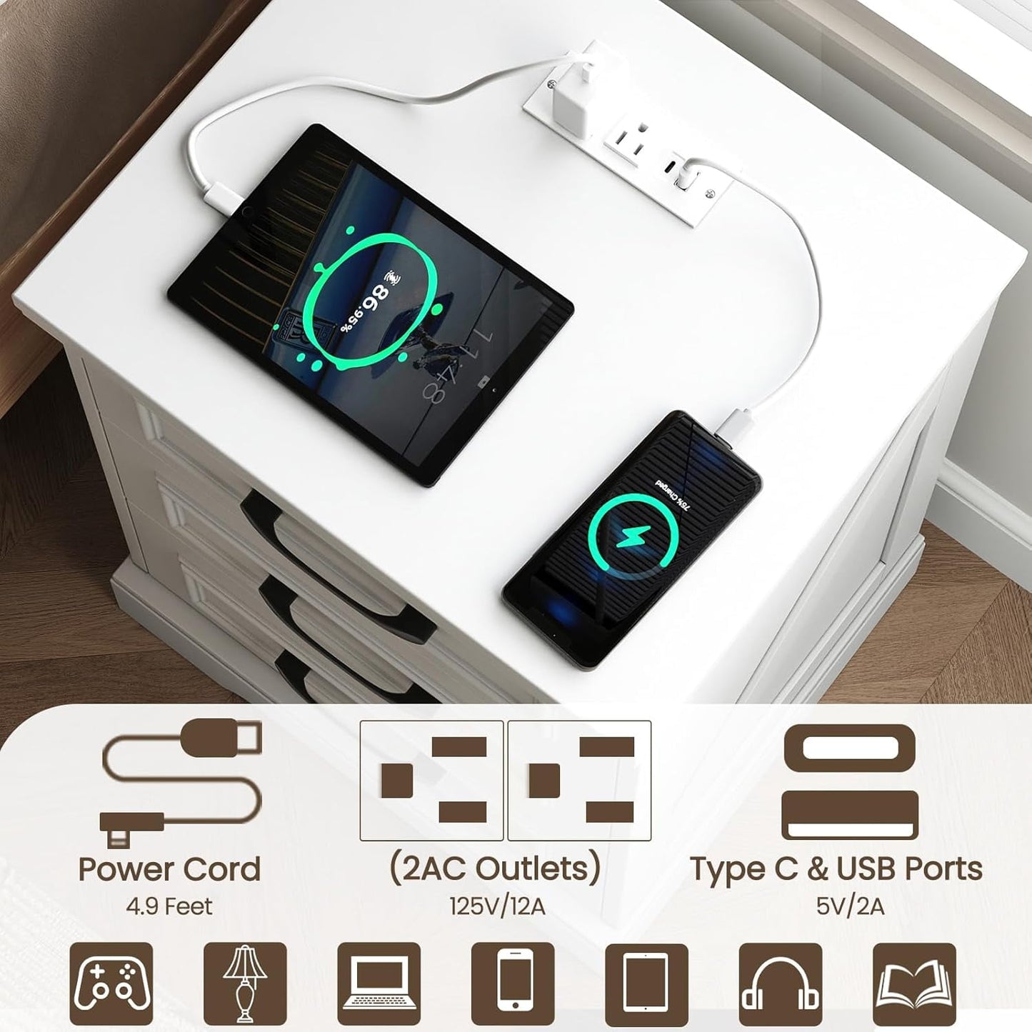 NEGYLIM 2-Piece Nightstand, Farmhouse End Table with Charging Station, 3 Drawers Storage for Bedroom