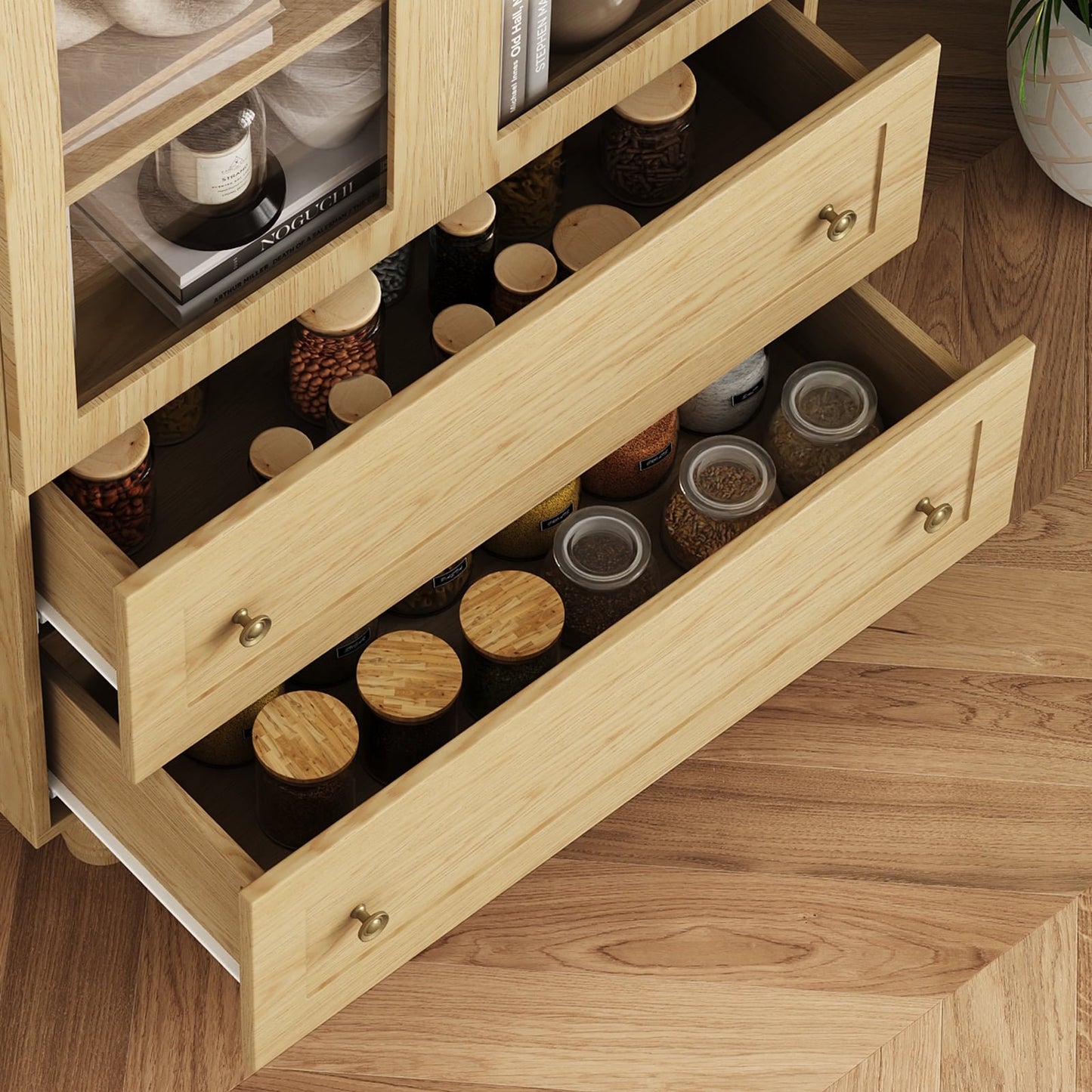 71'' Arched Kitchen Pantry Cabinet & Display Cabinet with Glass Doors, 4 Shelves, 2 Drawers, Solid Wood Legs, Suitable for Kitchen, Bedroom and Living Room, for Easy Storage