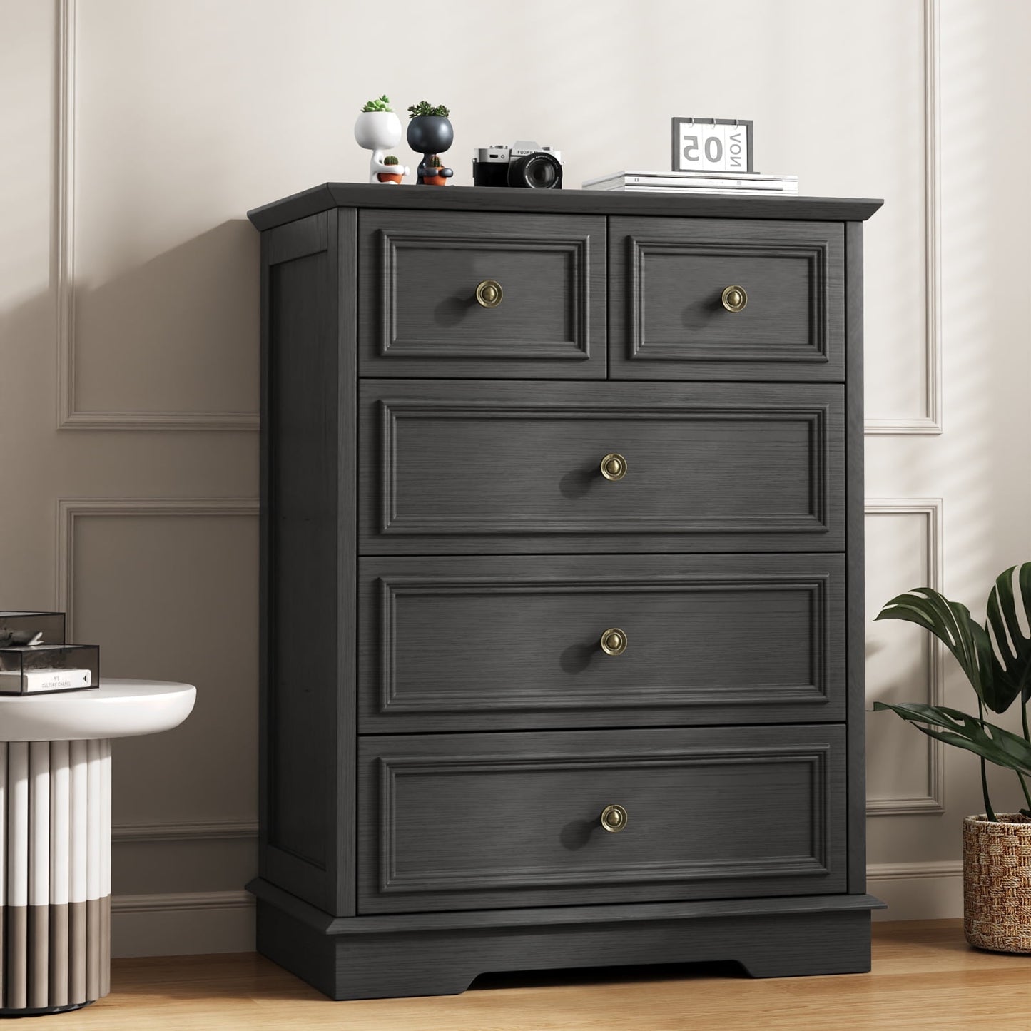 5 Drawer Dresser,Rustic-Style Chest of Drawers, Wood Storage Cabinet Dresser Organizer Unit with Antique Bronze Round Handles for Living Room, Closet, Hallway, Entryway