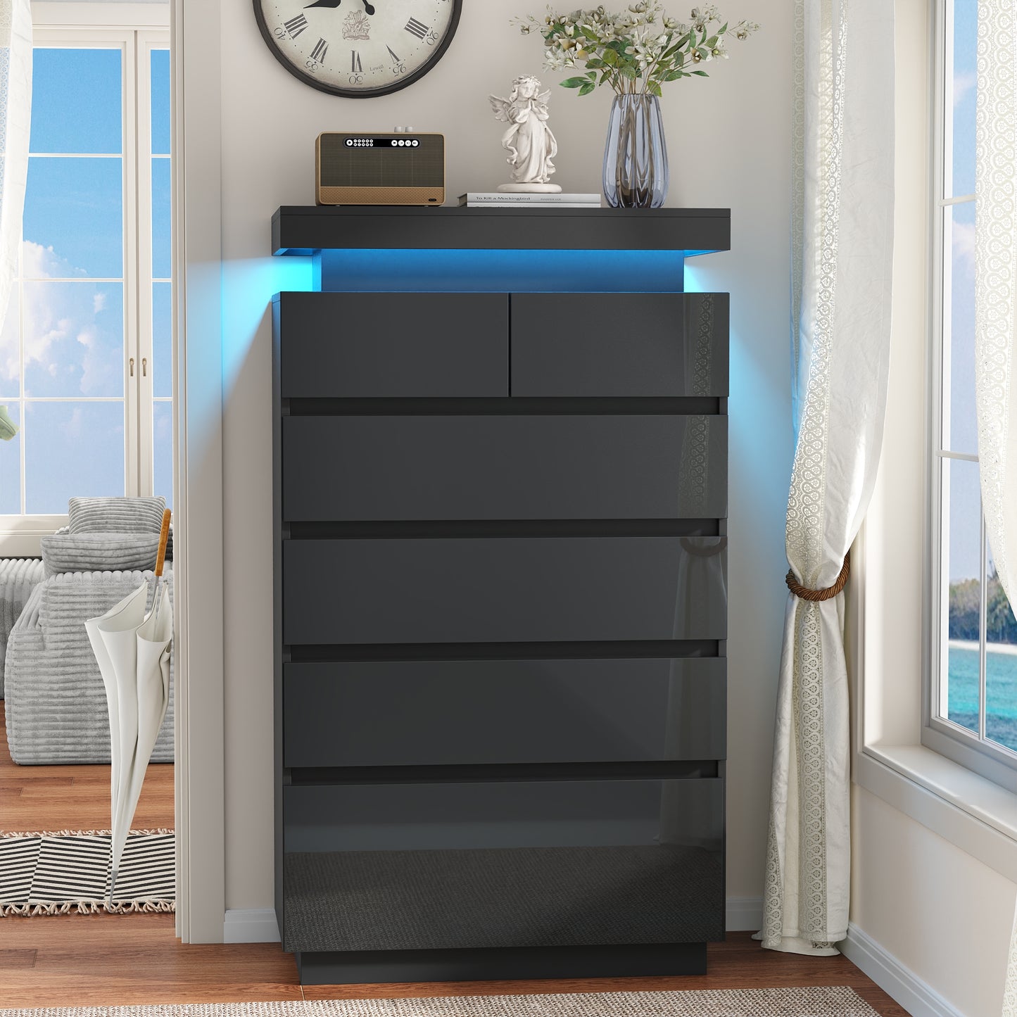 NEGYLIM 6 Drawer White Dresser, High Gloss Dresser with LED Light for Bedroom, Living Room, Hallway, Easy Assembly