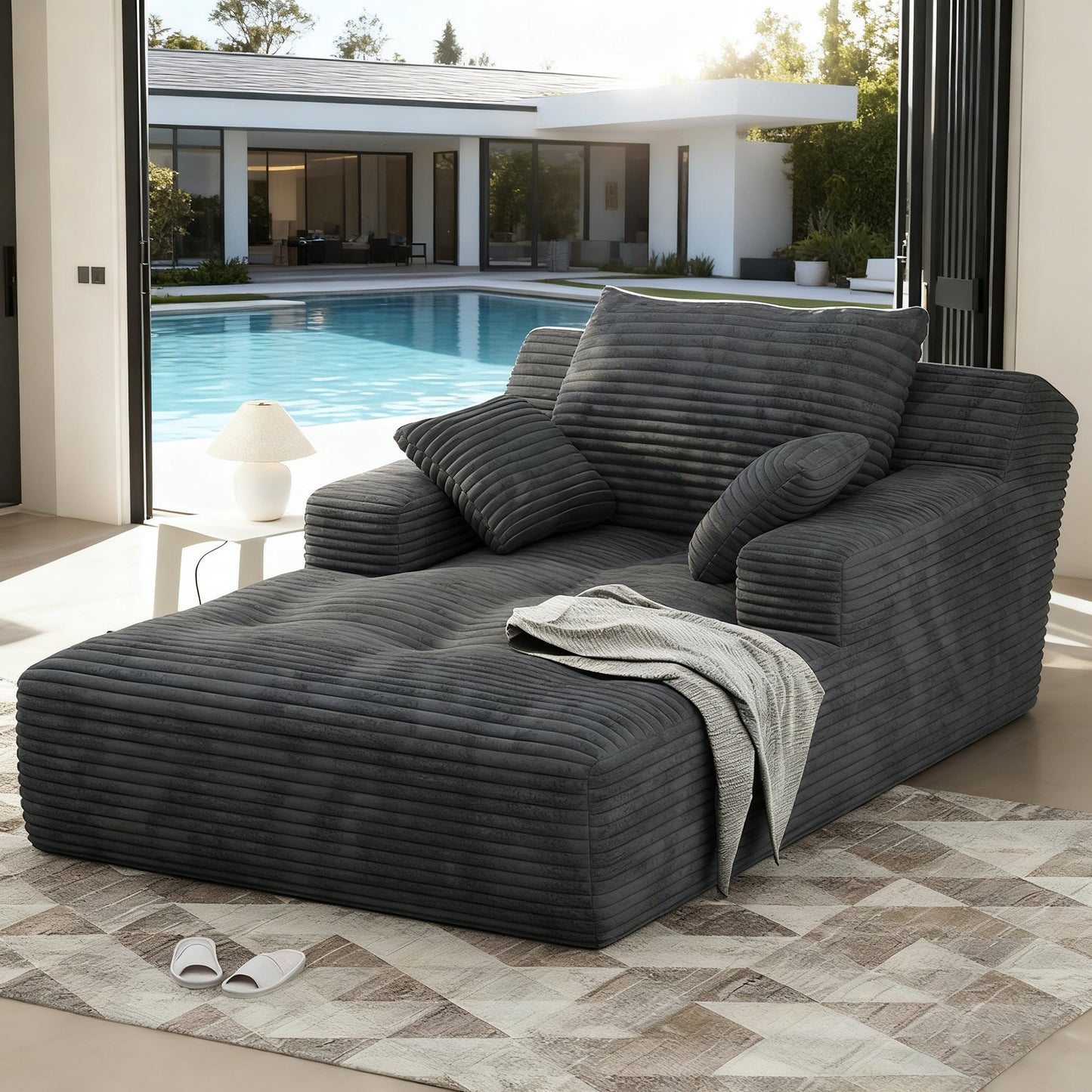 67'' Oversized Chaise Lounge Chair, Cloud Plush Corduroy Sofa Bed for Living Room, Modern Deep Seat Sleeper Couch with Back Cushion, No Assembly Required, (Charcoal)