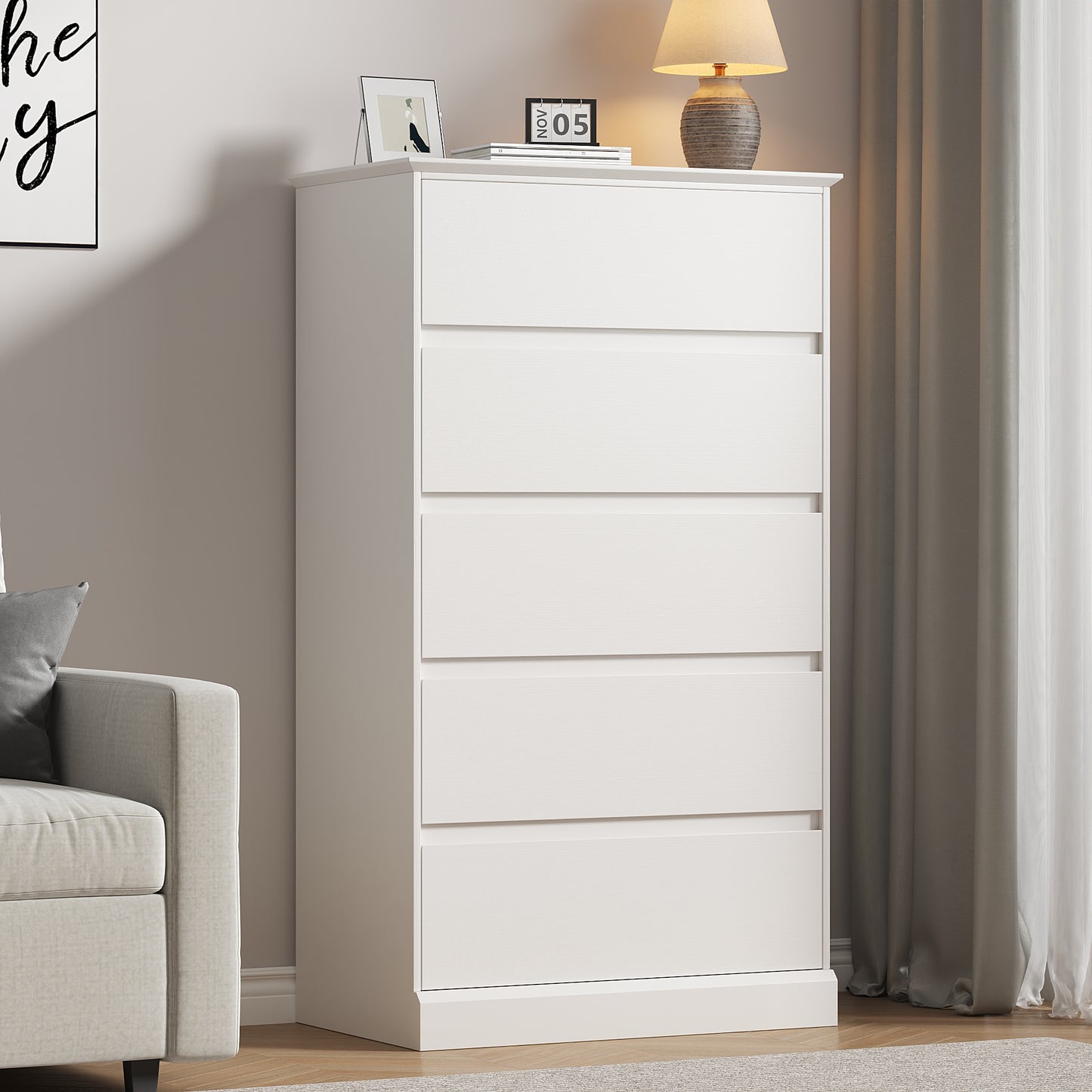 5 Drawer Dresser for Bedroom, 15.8" D x 27.6" W x 48.4" H in Simply Modern Chest of Drawers, Wood Storage Dresser with Deep Drawers for Living Room Hallway Entryway, White