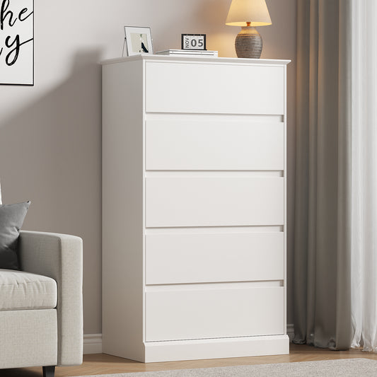 5 Drawer Dresser for Bedroom, 15.8" D x 27.6" W x 48.4" H in Simply Modern Chest of Drawers, Wood Storage Dresser with Deep Drawers for Living Room Hallway Entryway, White