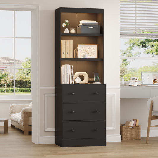 71” Tall Bookcase with 6-Tier, Extra Large Freestanding Display Bookshelf with LED and 3 Large Drawer, Black