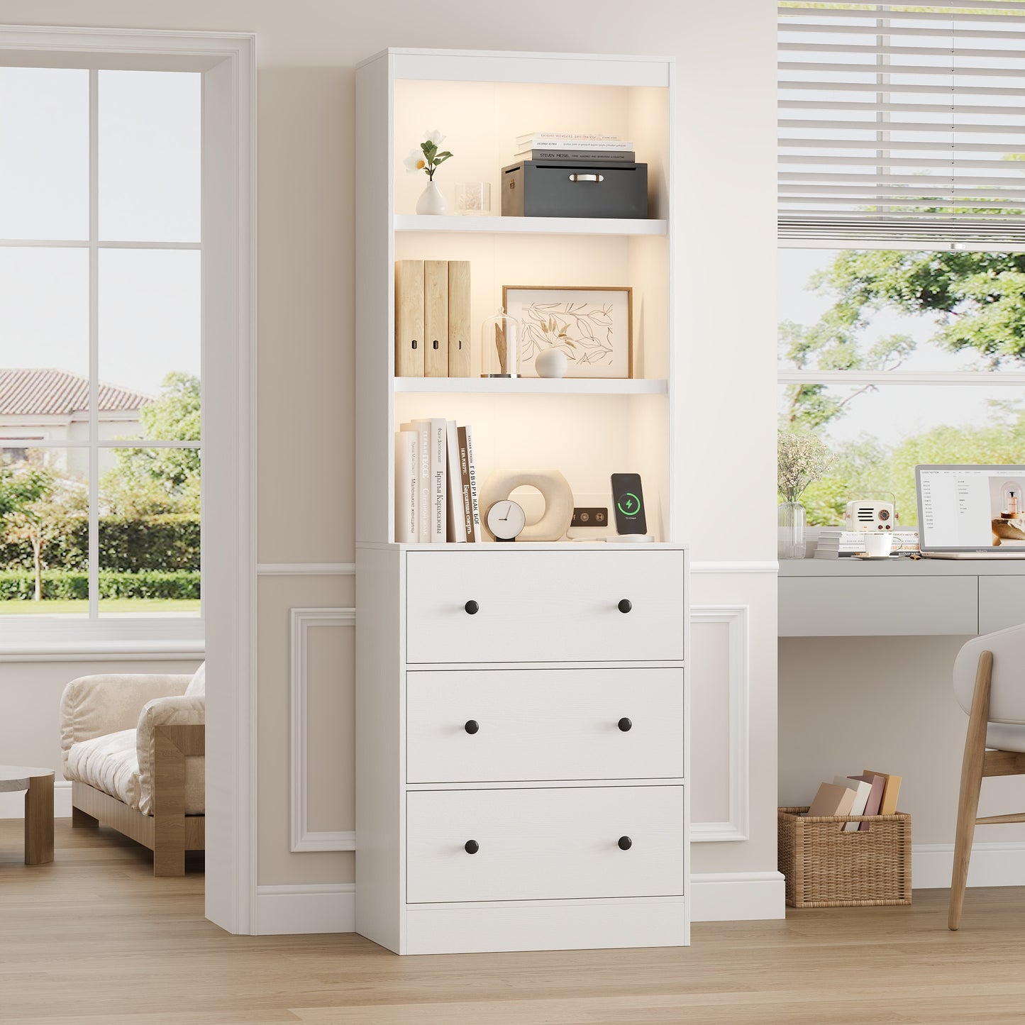 71” Tall Bookcase with 6-Tier, Extra Large Freestanding Display Bookshelf with LED and 3 Large Drawer, White