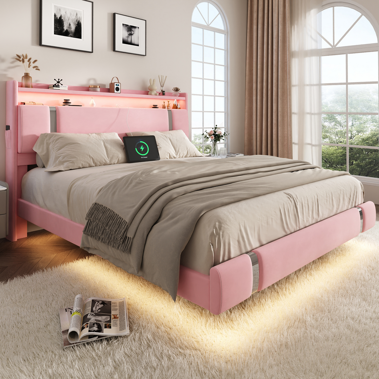 NEGYLIM Floating Bed Frame Queen Size with LED Lights, Easy to Assemble, Metal Platform Bed with Storage Headboard, No Box Spring Needed, Pink