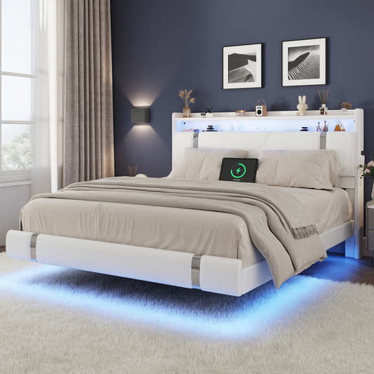 NEGYLIM Floating Bed Frame Queen Size with LED Lights, Easy to Assemble, Metal Platform Bed with Storage Headboard, No Box Spring Needed, White