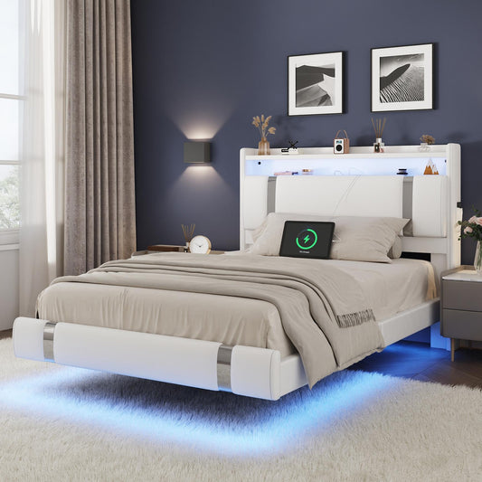 NEGYLIM Floating Bed Frame Twin Size with LED Lights, Easy to Assemble, Metal Platform Bed with Storage Headboard, No Box Spring Needed, White