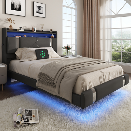 NEGYLIM Floating Bed Frame Twin Size with LED Lights, Easy to Assemble, Metal Platform Bed with Storage Headboard, No Box Spring Needed, Black